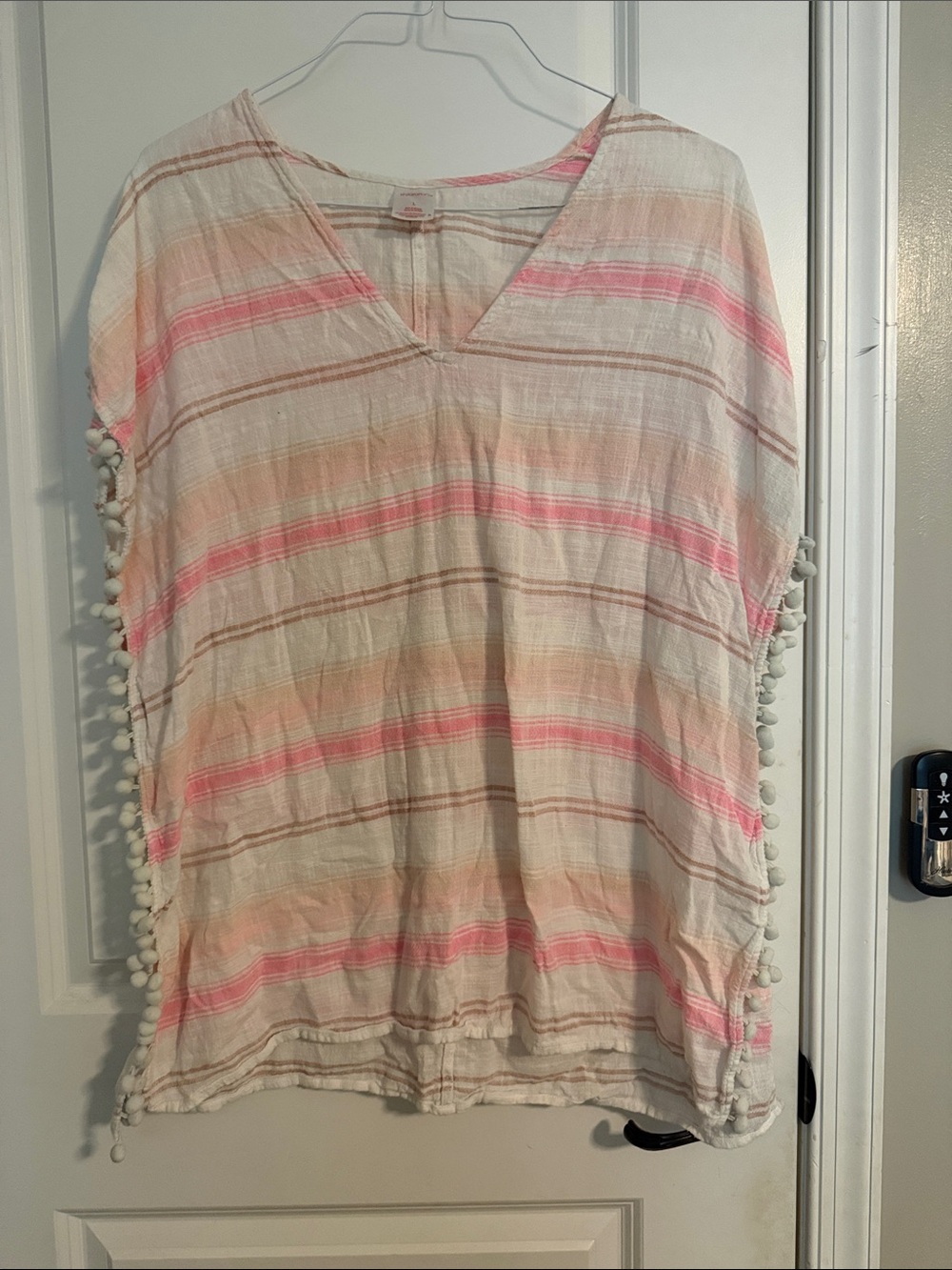 Xhilaration White, Pink & Tan Striped Pom-Pom V-Neck Swim Coverup